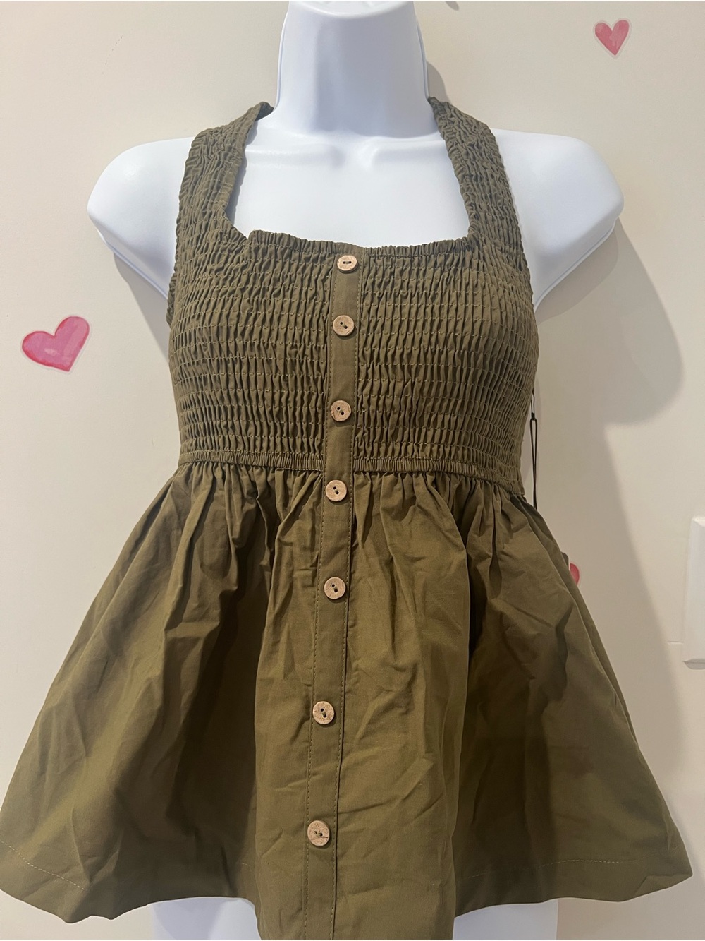 Girls Olive Green Smocked Button-Front Skirted Top